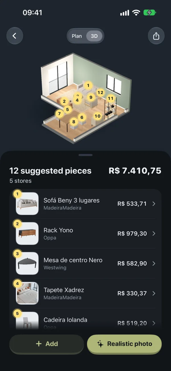 A proposal in the app: the room in 3D with numbered pieces and a list with the photo, store, and price of each one